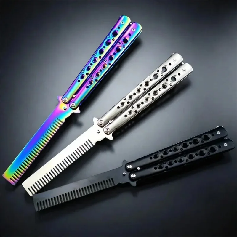 Stainless Steel Foldable Comb for Butterfly Knife Practice Training Beard Moustache Styling Tool Hairdressing Salon Brush