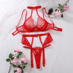 MUZISKAT 2024 New Sexy Red Underwear Set with Perspective Embroidery, Sexy Eyelash and Lace Shaper for Women's Underwear 3-piece