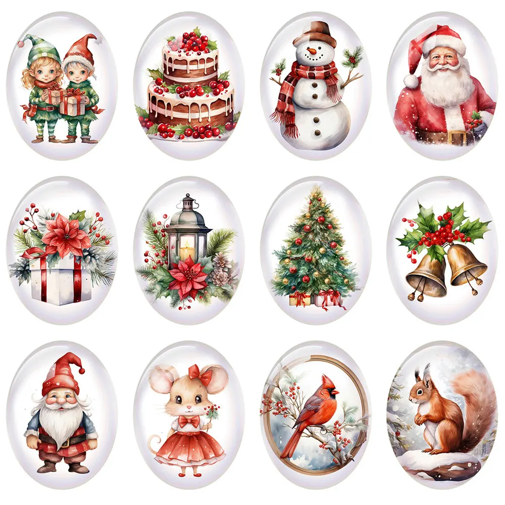 10pcs/lot Christmas X-mas Winter Santa Tree Bells Reindeer Oval Photo Glass Cabochon Flatback Demo Cameo For Diy Jewelry Making