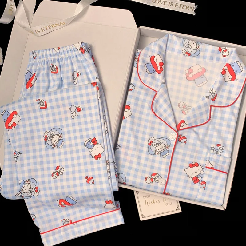 Sanrio HelloKitty Blue Plaid Cartoon Pajamas Women's Spring and Autumn New Sweet Long Sleeve Cardigan Cute Casual Loungewear Set