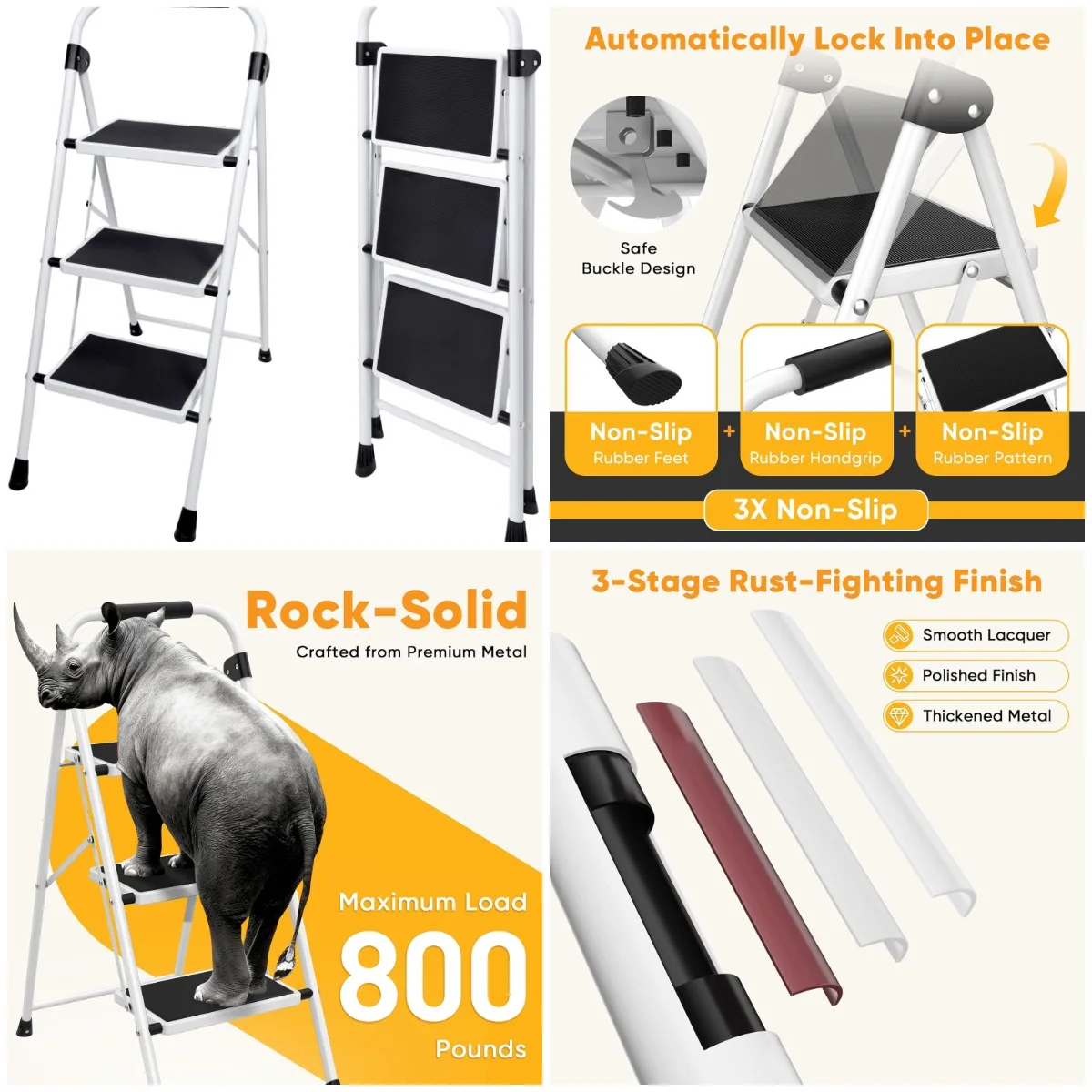

3-ступенчатая лестница, грузоподъемность 330 фунтов, противоскользящие и поручни, портативный черный табурет-ступенька для кухни, гаража, улицы