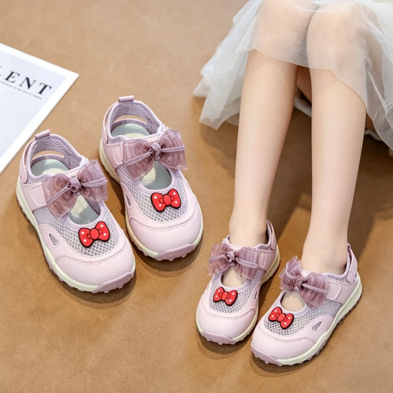 Girls Mesh Sports Sandals New Patchwork Bowknot Kids Breathable Casual Shoes Toddler Soft Non-slip Children School Running Shoes