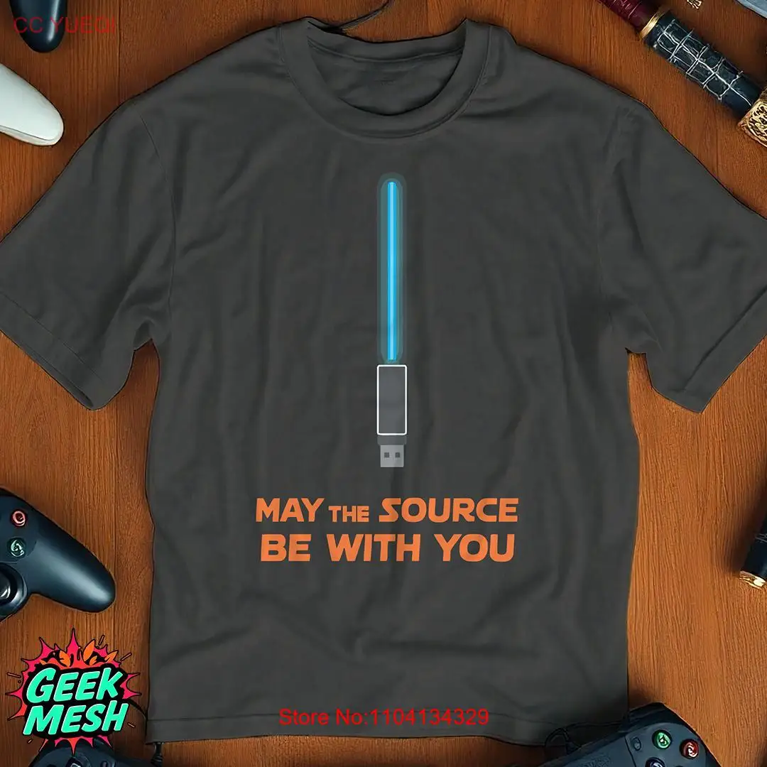 May the Source Be With You T Shirt Dark Grey Geeky USB Lightsaber Design Programmer Funny Open Tech Fan