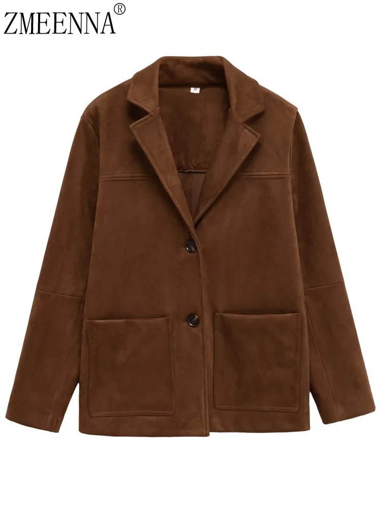 

ZMEENNA женский стильный коричневый пиджак из искусственной замши с зубчатым воротником с лацканами, элегантный и шикарный однобортный ZM3924