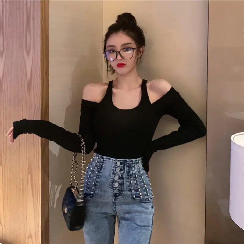 Early Autumn Fashionable Solid Color Shoulder Hanging Neck Long Sleeved T-Shirts Slimming And Slimming Sexy Base Shirts