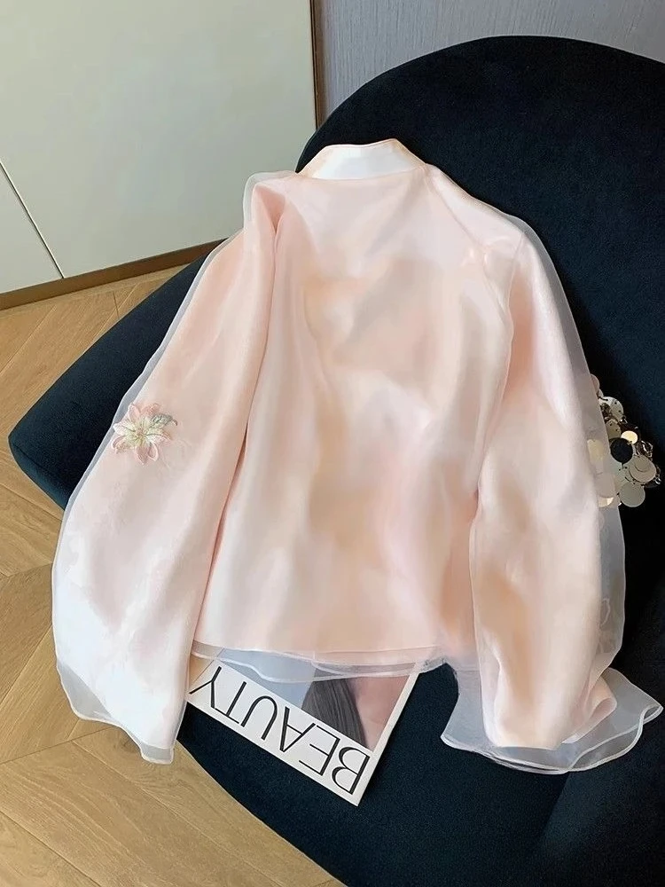 

2025 new chinese style embroidery chiffon tang suit shirt for women spring new elegant stand collar long sleeve cheongsam shirt