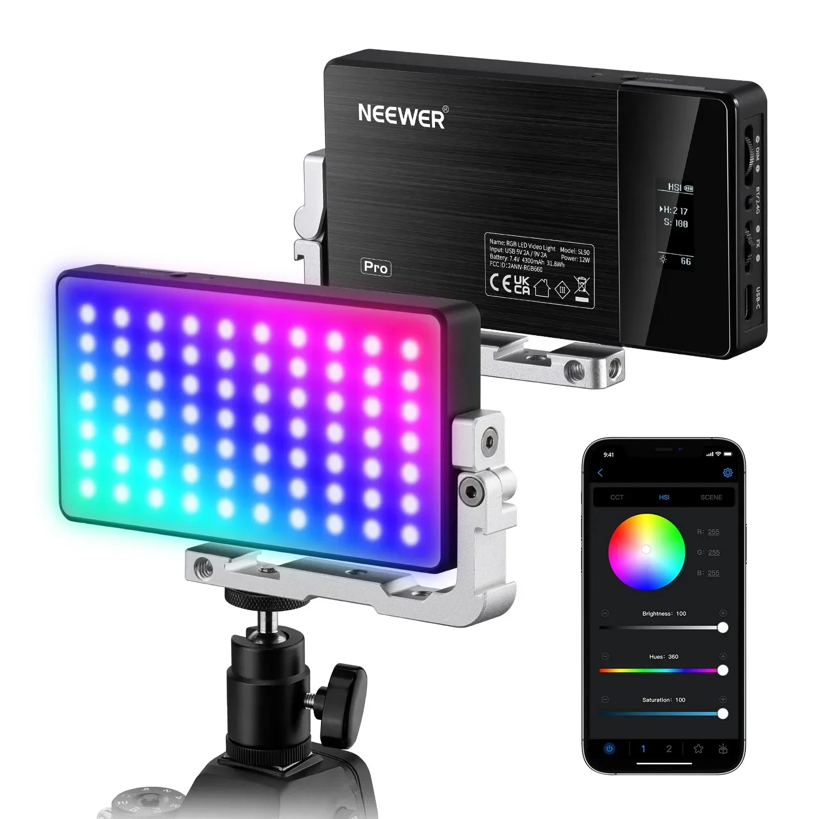NEEWER RGB Video Light SL90 12W 4300mAh 360 °   18 مشهدًا خفيفًا بالألوان الكاملة 2500 ~ 10000K CRI97+ على ضوء الكاميرا لـ YouTube/TikTok