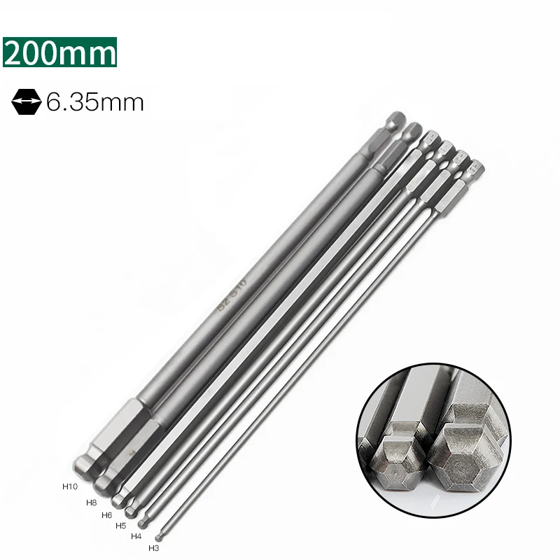 6PCS 200mm Length Ball Head Screwdriver Drill Bit Set S2 Steel Screw Driver Bits Hex H3-H10 Magnetic 1/4' Hand Repair Kits Tool