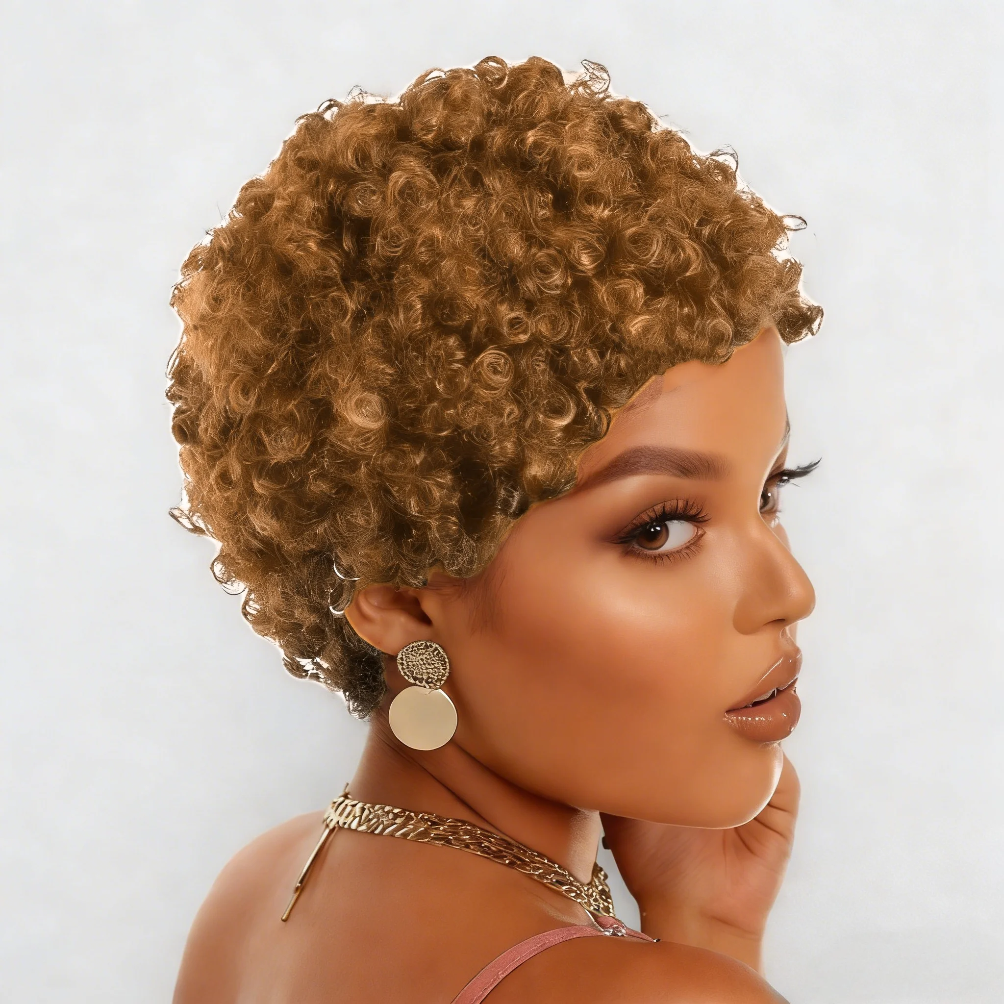 

Короткий парик из натуральных волос в стиле пикси, кудрявый, машинной работы