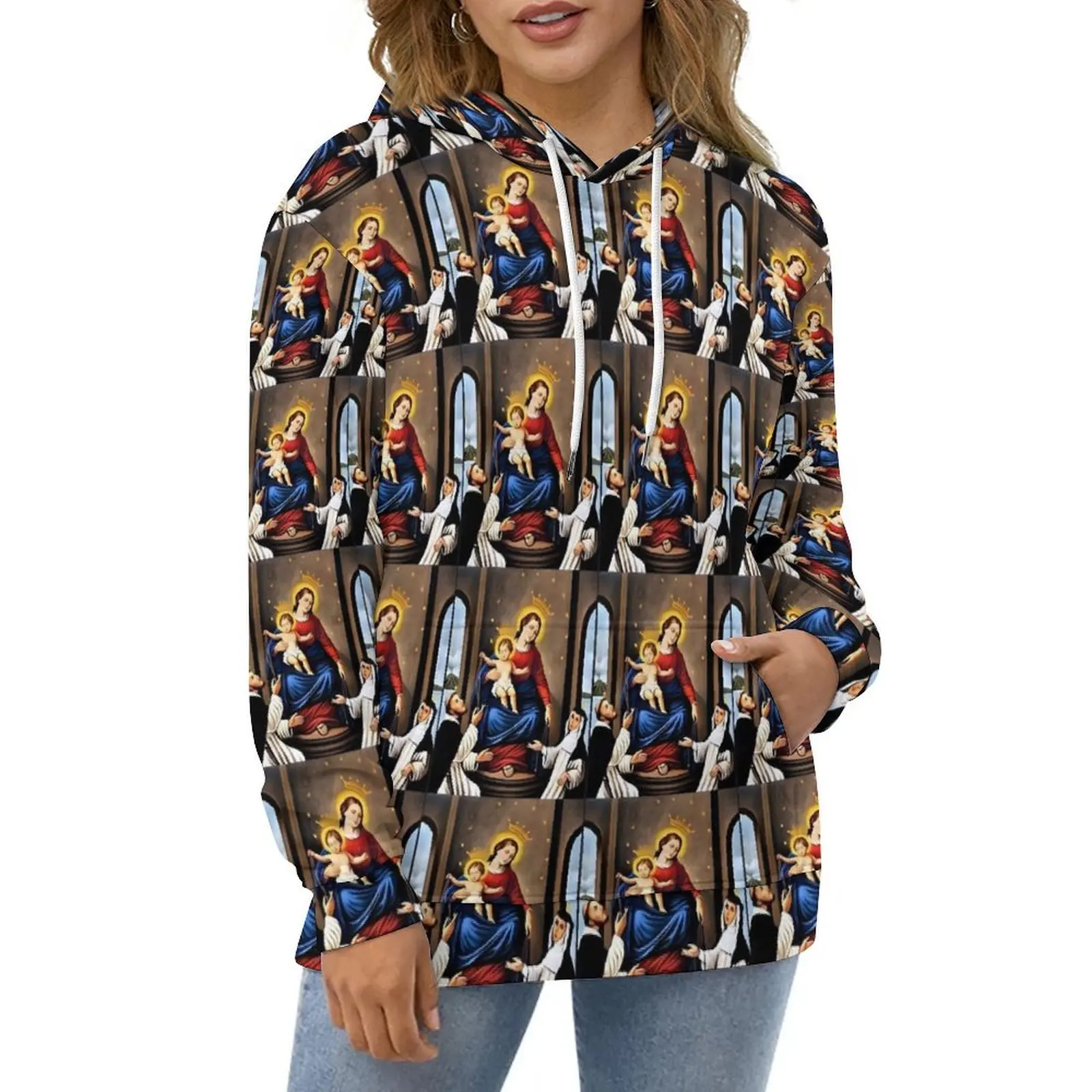 Sudaderas con capucha de la Virgen María, ropa de calle de Nuestra Señora del Rosario, sudadera con capucha de gran tamaño, diseño de manga larga, sudaderas con capucha informales