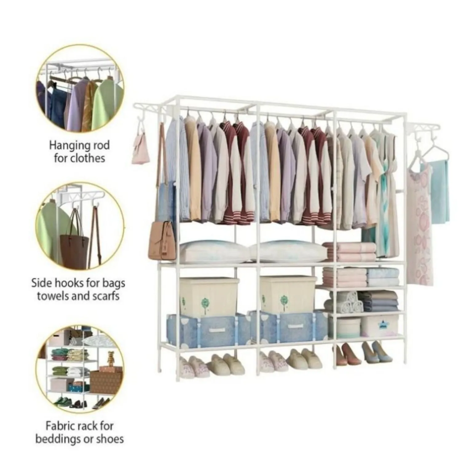 

3 Tier Adjustable Metal Garment Rack with Shoe Heavy Duty Freestanding Closet Organizer Easy Assembly Sturdy Wire Shelving with