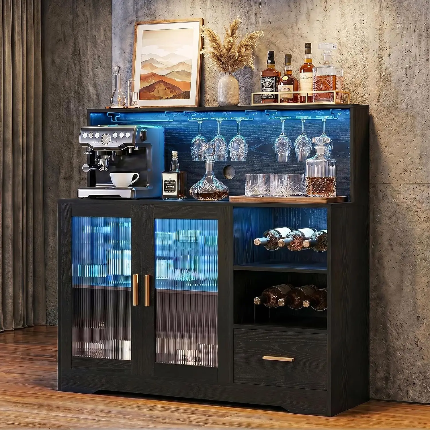 Black Wine Bar Cabinet with LED Lights & Power Outlet for Home, Customized