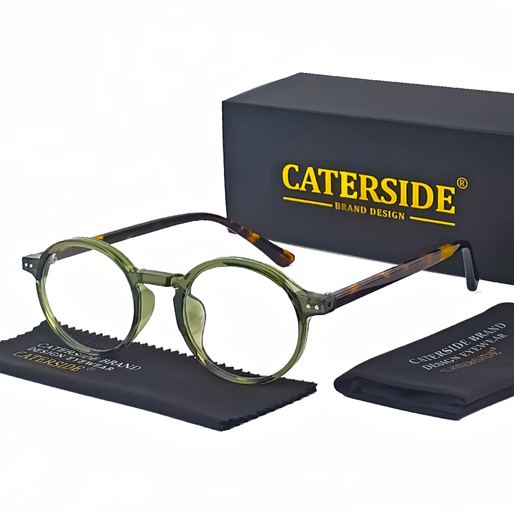 CATERSIDE Retro Round Eyeglass Frames for Men TR-90 Frame Acetate Temple Glasses Myopia Prescription Women Computer Eyewear