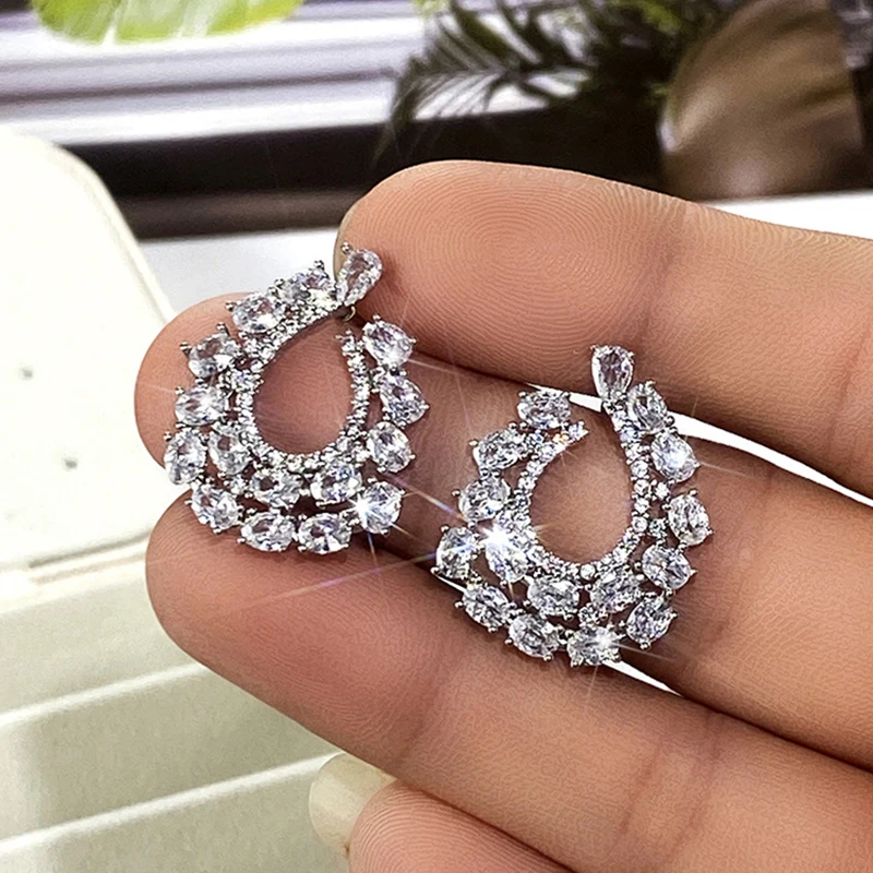 Fashion Noble White Cubic Zirconia Paved Big CZ stud Earrings for Women party wedding earings Brand Jewelry