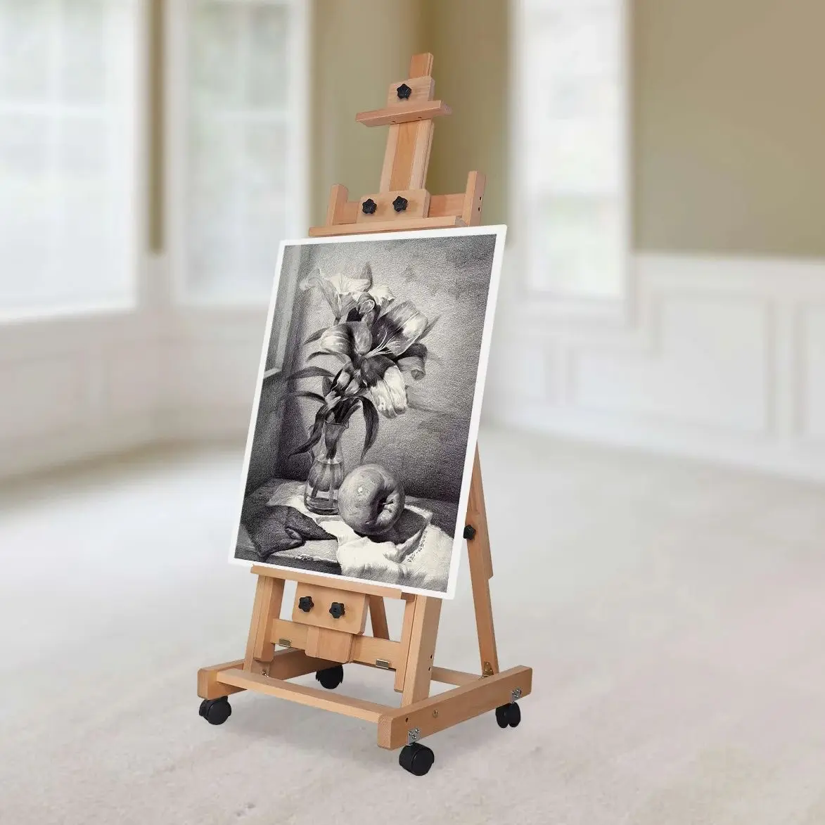 

Складная деревянная подставка для холста для рисования 18,9*20,9 дюйма, регулируемая плоская и вертикальная подставка для мольберта художника, подставка для дисплея с колесами