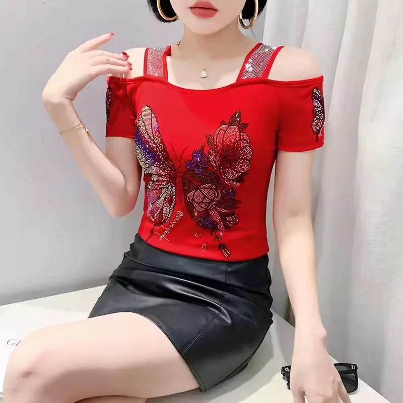 New Chic Summer T-shirt Girls Short Sleeve Tops Shirts New Fashion Butterfly Hot Diamonds Mesh Tees Women Slim European Clothes