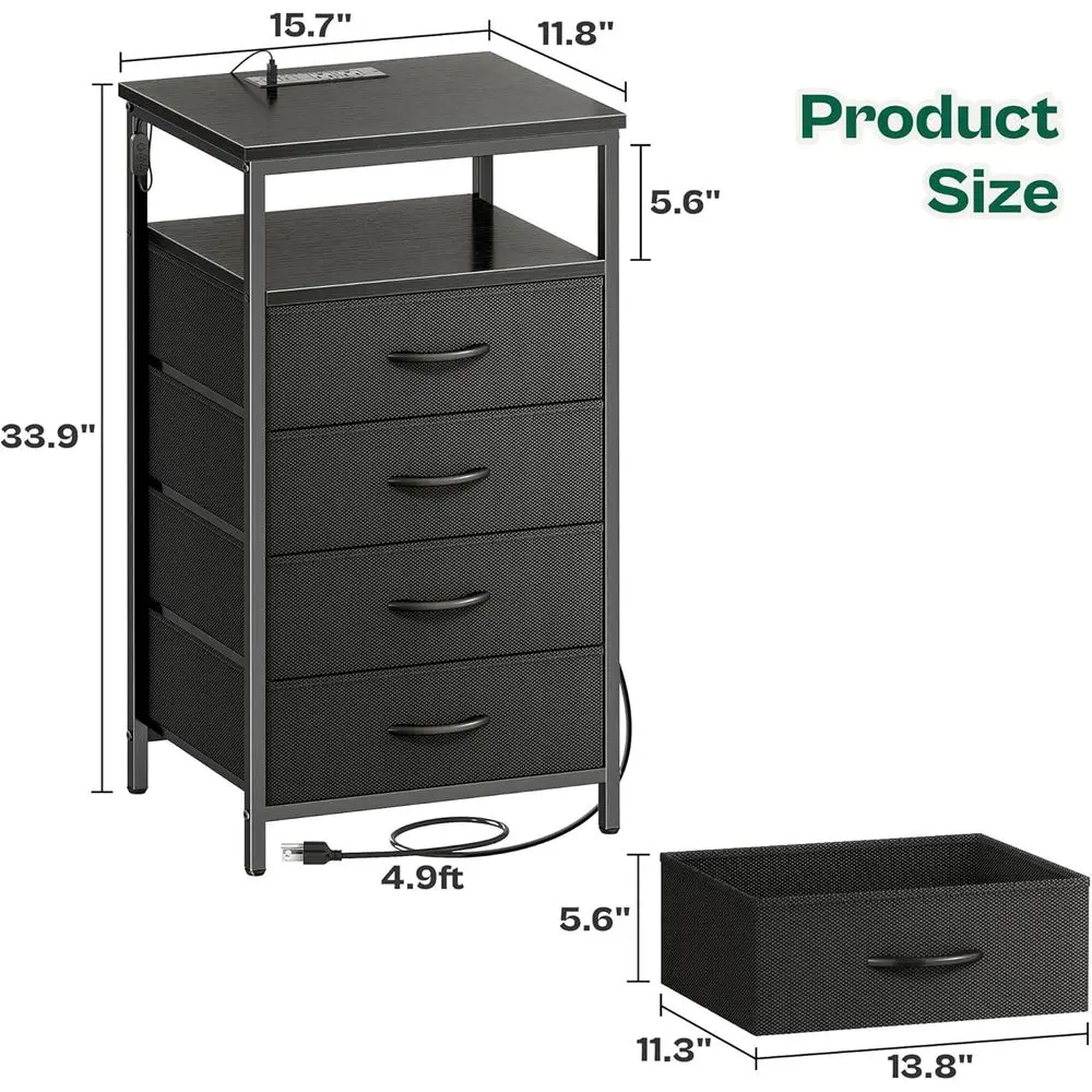 LED照明付き4段引き出しナイトスタンド、充電ステーションとオープンシェルフ付き、寝室用、ブラック