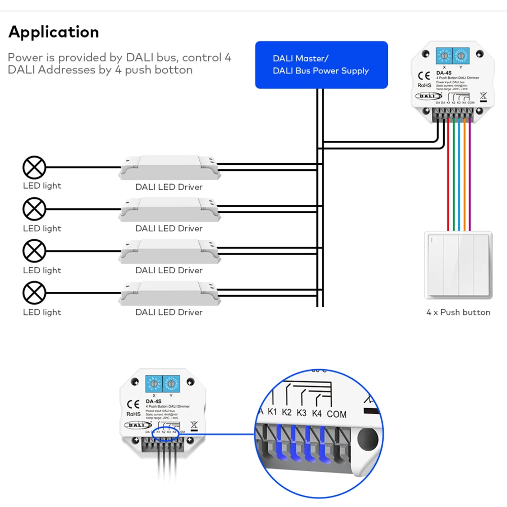 Standard DALI Master 4 Push Button DALI Dimmer Control 4 DALI Addresses With Push Swich Dimming Power is Provided By DALI Bus