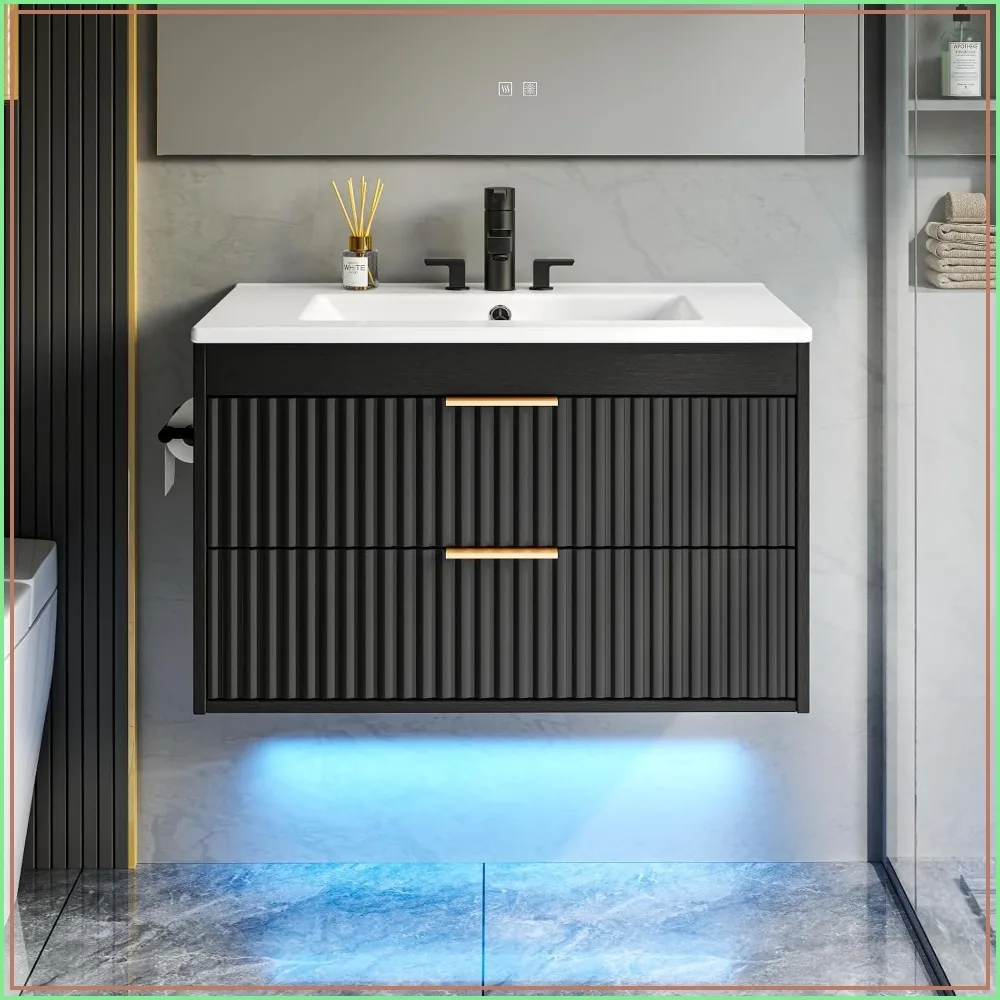 30 Inch Bathroom Vanity Floating, Wall Mounted, with Sink, LED Light, Soft-Close Drawers Bathroom