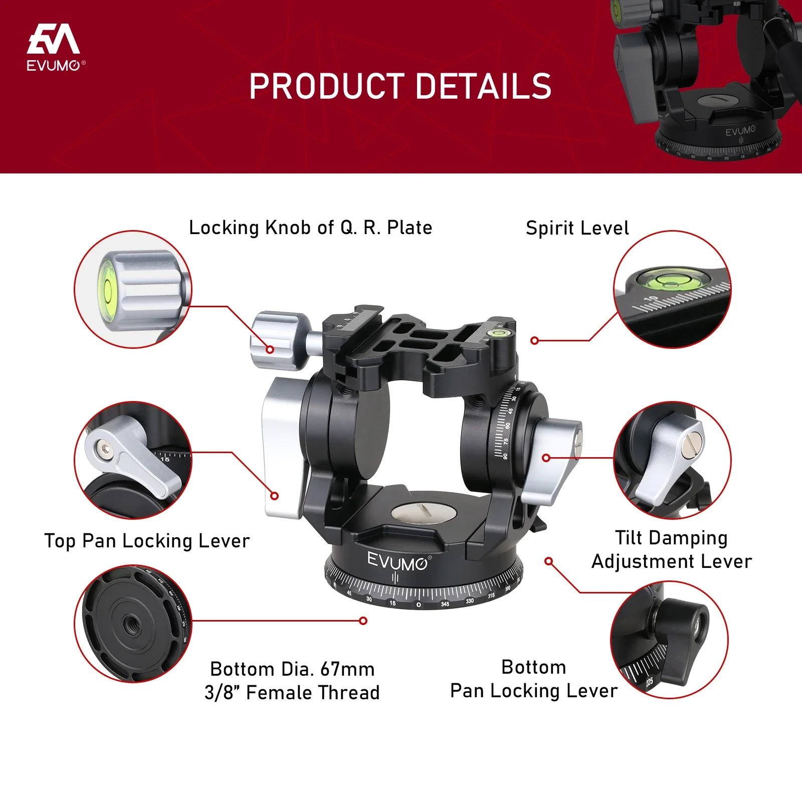 EVUMO New Hollow Video Hydraulic Head -80°+90° Video Ttipod Head 360 Panoramic Vlog Universal Ballhead for Tripod Monopod