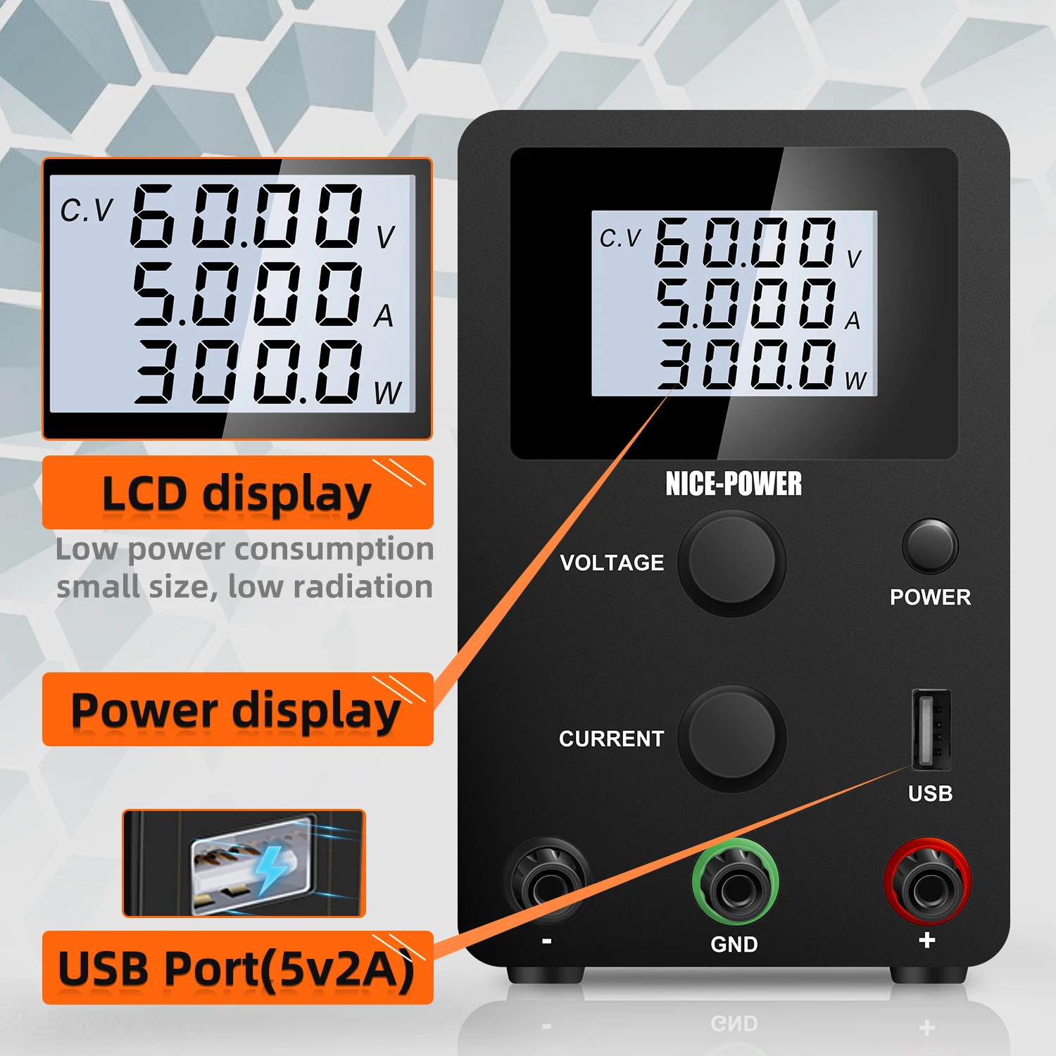 Nice-power LCD 60V 5A Switching Lab DC Adjustable Power Supply Laboratory Precision 4 Digital Regulated USB Diy Bench Source