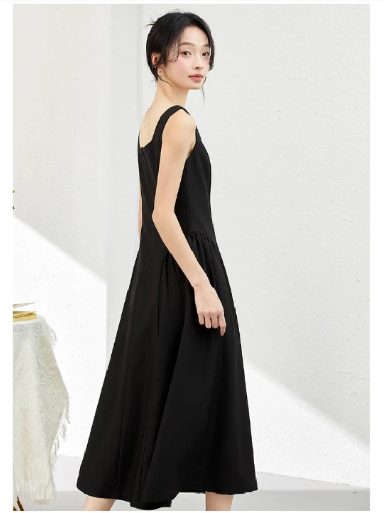 VIMLY Black French Square Neck Suspender Dress 2025 Woman Autumn Sleeveless Waist Vest Buttons Waist Long Ladies Dress A1709