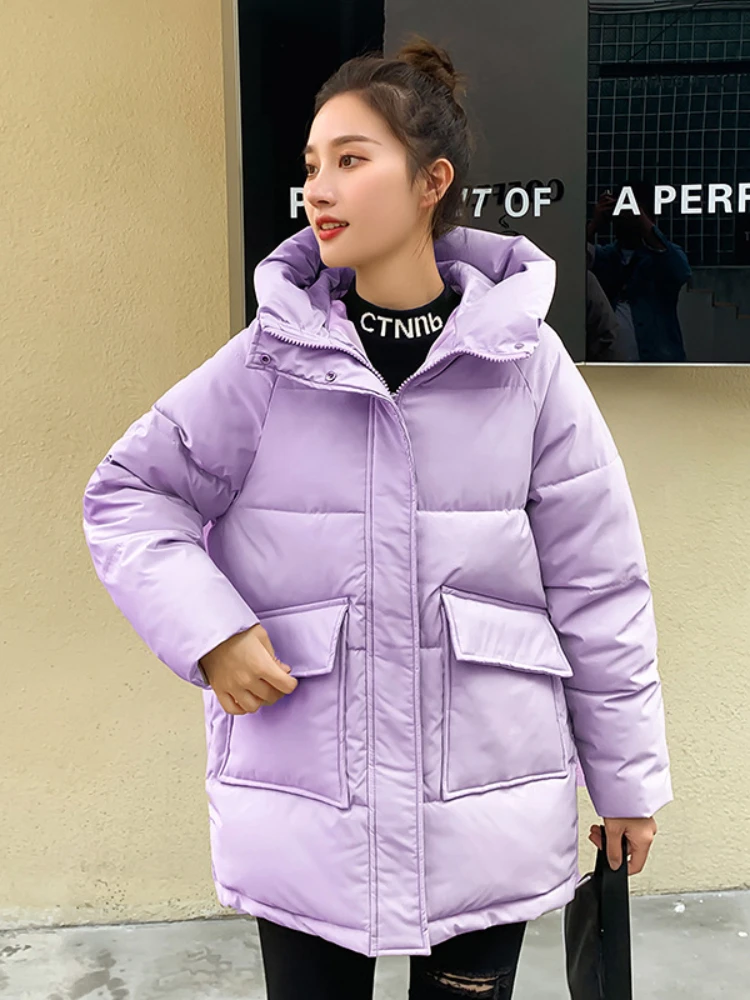 캐주얼 스위트 솔리드 컬러 빅 포켓 루즈핏 후드 코트 자켓 여성용, 두껍고 따뜻한 중간 길이, 세련된 파카, 가을 겨울