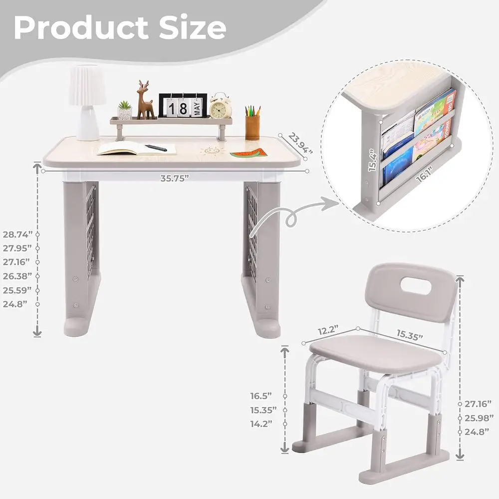 Adjustable Height Kids Study Desk and Chair with Bookshelf, Multi-Function Table Set for Toddlers 3-12 Years, Removable Storage