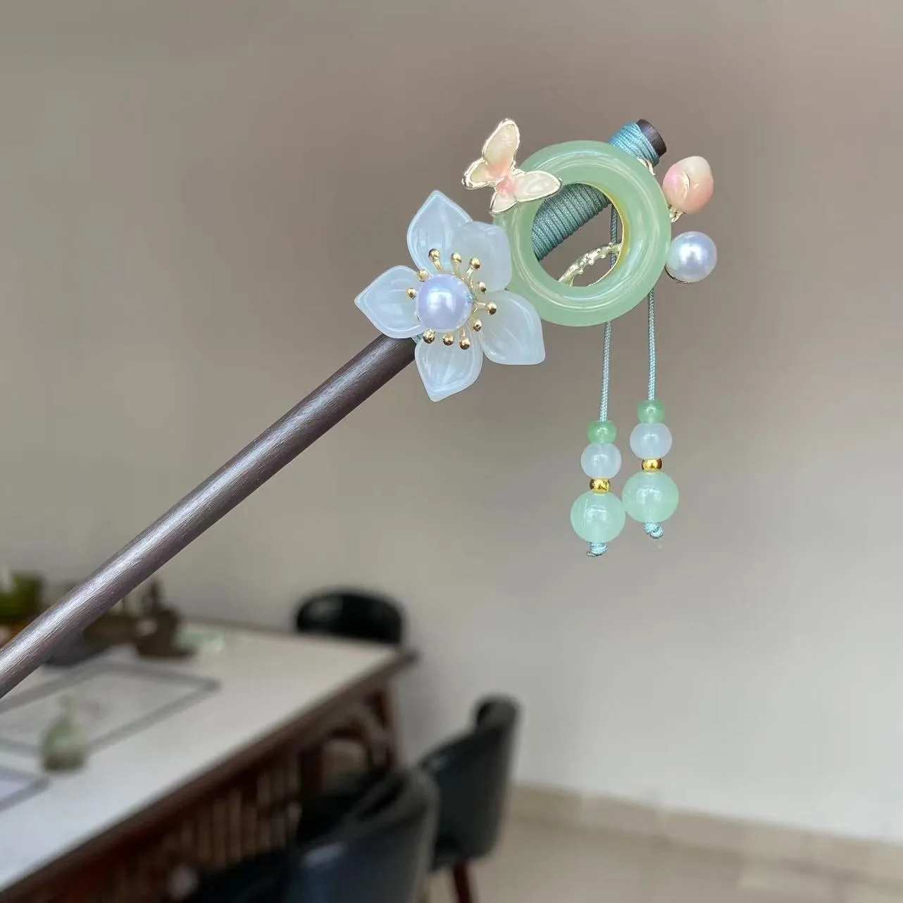 1pc Elegant Temperament Three-dimensional Flower Tassel Women Wooden Hairpin Retro High-end Feeling Cheongsam Tassel Hairpin