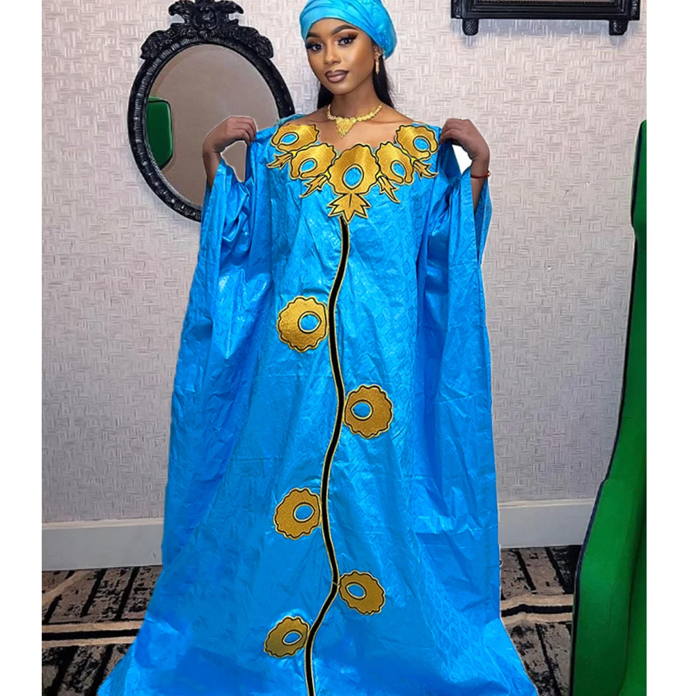 High Quality African Women Bazin Riche Dresses With Headscarf Embroid Stone Nigerian Traditional Wedding Party Dashiki Basin