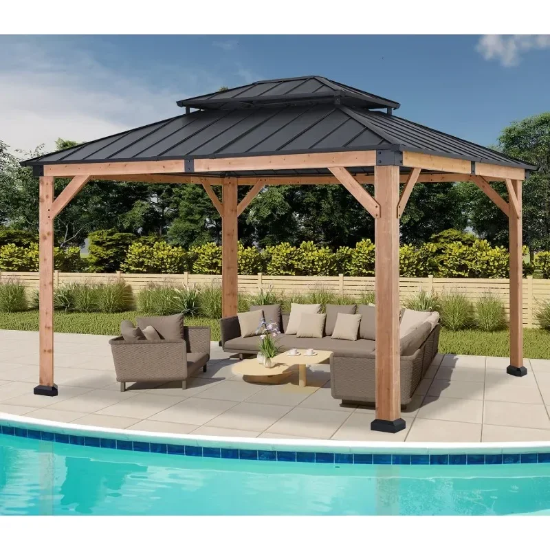 

Wooden Gazebo - Outdoor Patio Wooden Gazebo with Hard Top Metal Double Roof for Garden, Backyard and Deck