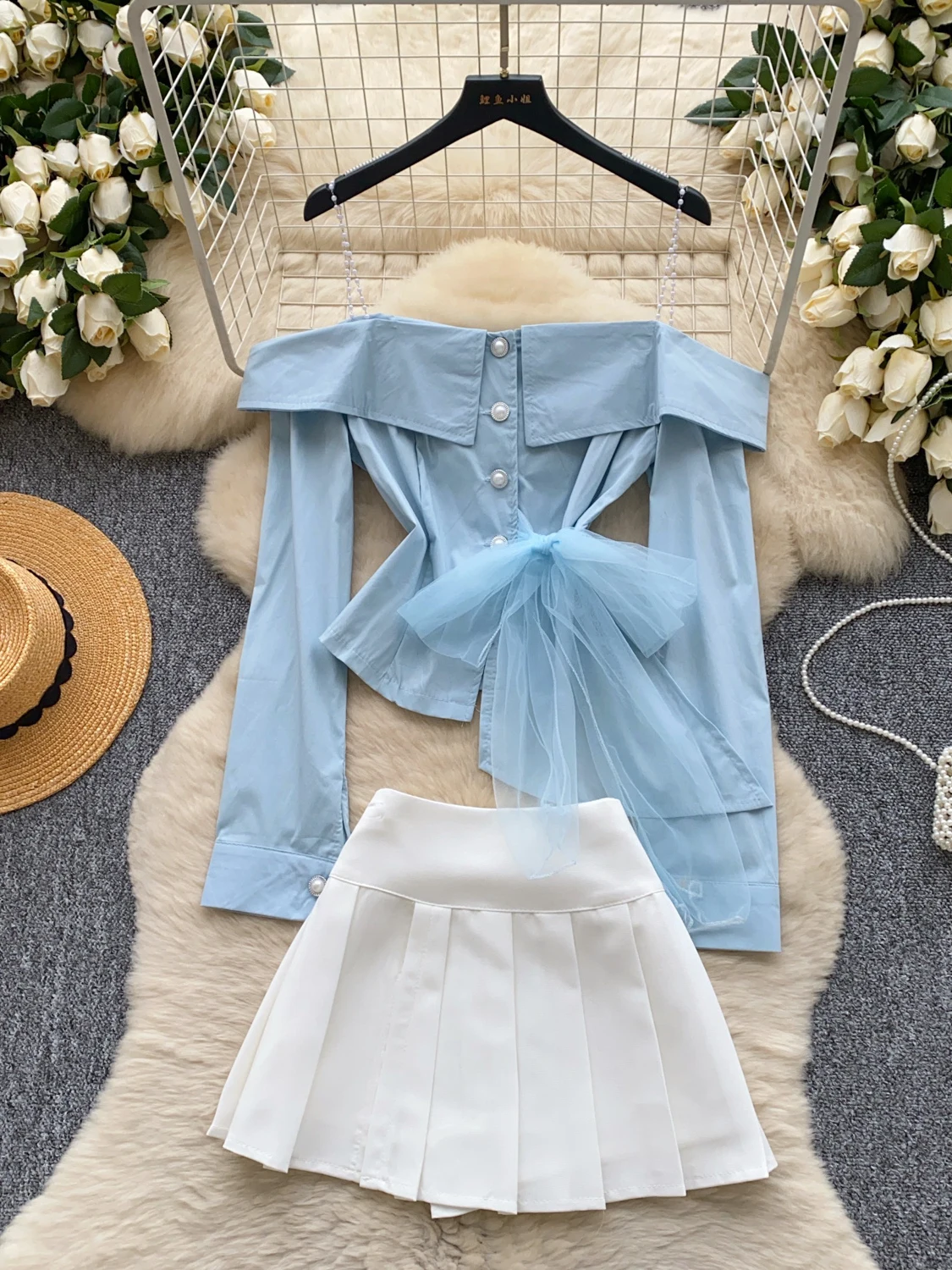 

Long Sve Me Belted One oulder Strap irt High Waist Pleated Skirt Two Piece Set Faionable Summer Outfit for Women