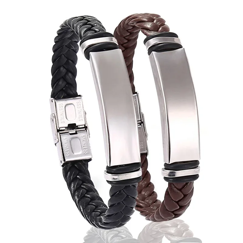 Pulsera de acero inoxidable minimalista de cuero tejido para hombre Pulsera Tejida En Cuero Брасeko Из Jahжи Pulsera Tressé En Cuir