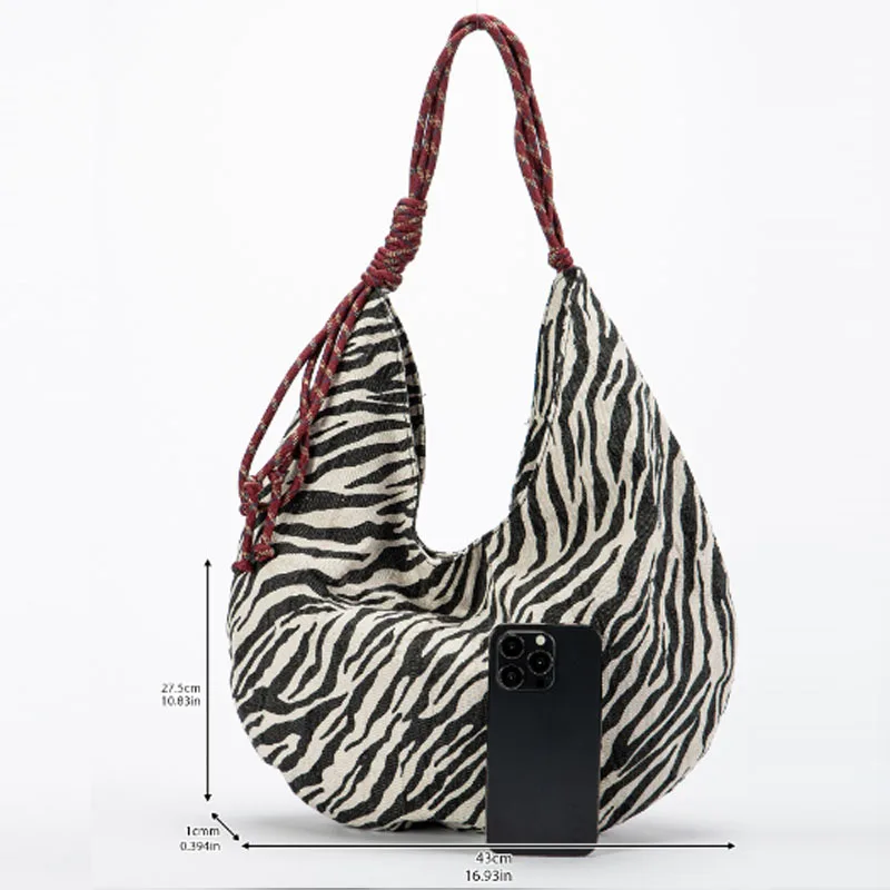 Large Capacity Printed Shoulder Bag 2025 New Product Retro Zebra Pattern Canvas Bag Crescent Bag Underarm Bag