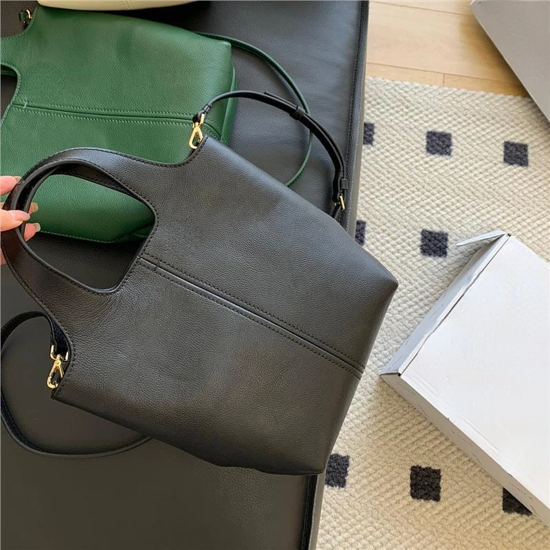 2024 New Minority Lychee Grain Cowhide Handbags Genuine Leather Bucket Tote Bags Large Capacity Commuter Crossbody Shoulder Bag