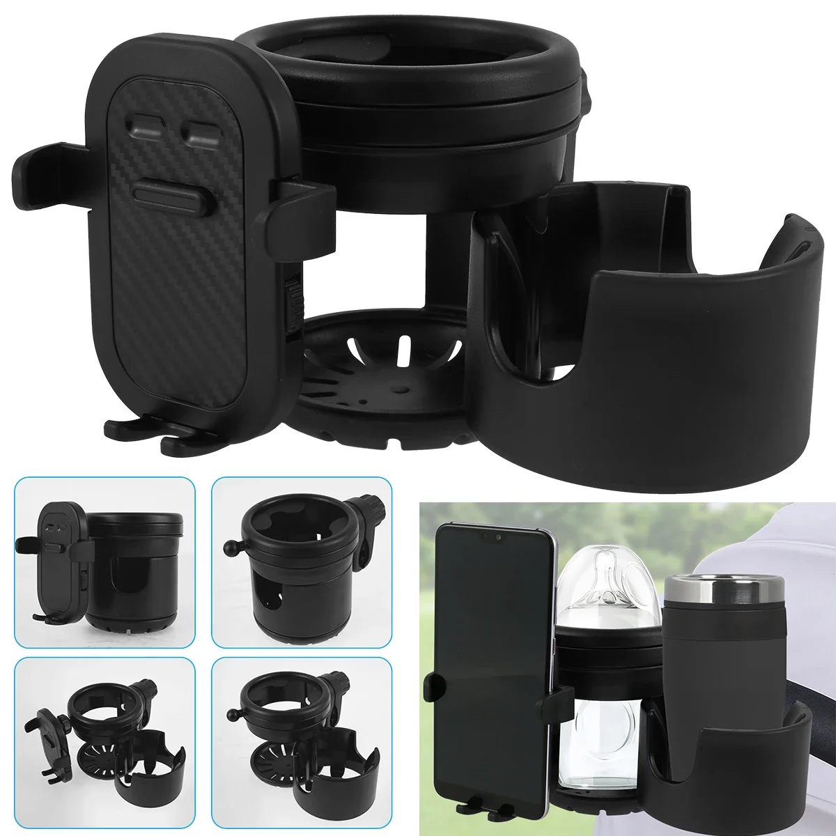 

Stroller Cup Holder Universal Pushchair Water Bottle Stand 360° Rotating Phone Holder Double Hole Baby Cars Organizer Cup Rack