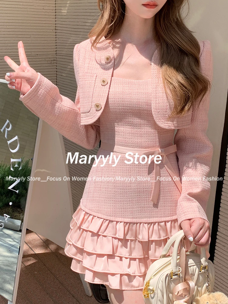 Autumn Sweet Pink 2 Piece Set Women Elegant Long Sleeve Short Cardigan Coat + Korean Slim Patchwork Bow Mini Strap Dress Chic