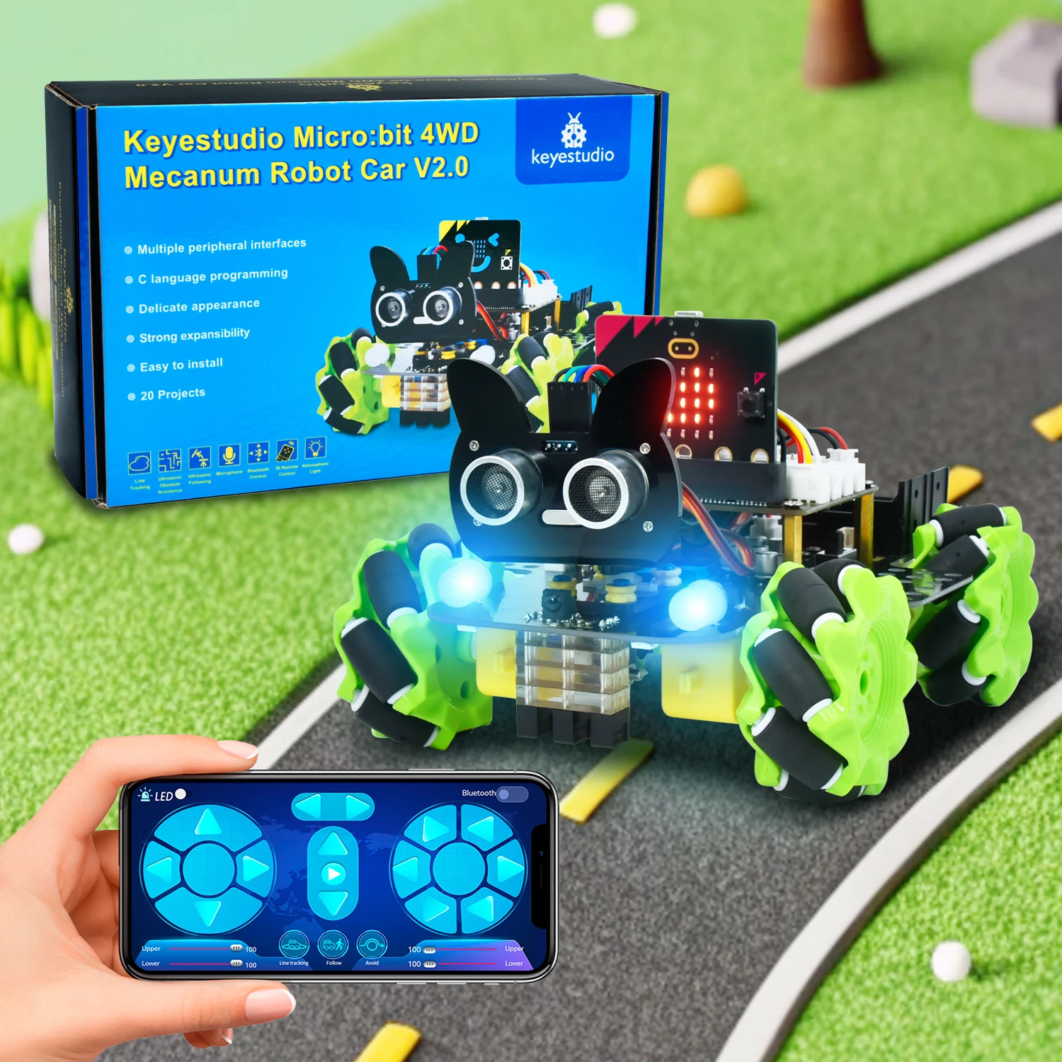 Keyestudio Microbit V2.0 4WD Mecanum Smart Robot Car+18 Projects For BBC Micro:bit Robot Car Python Kit STEM Programmable Toys