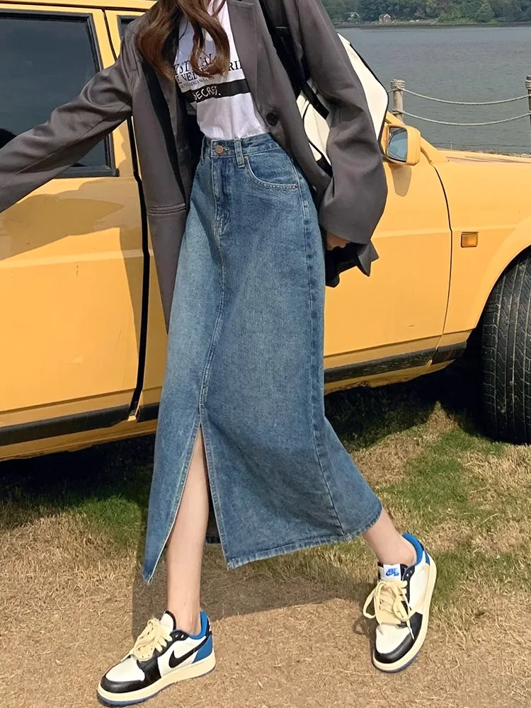 

Юбка трапециевидной формы с высокой талией, женская джинсовая юбка-миди, весна-осень, новинка, корейская версия, винтажная винтажная молния на пуговицах