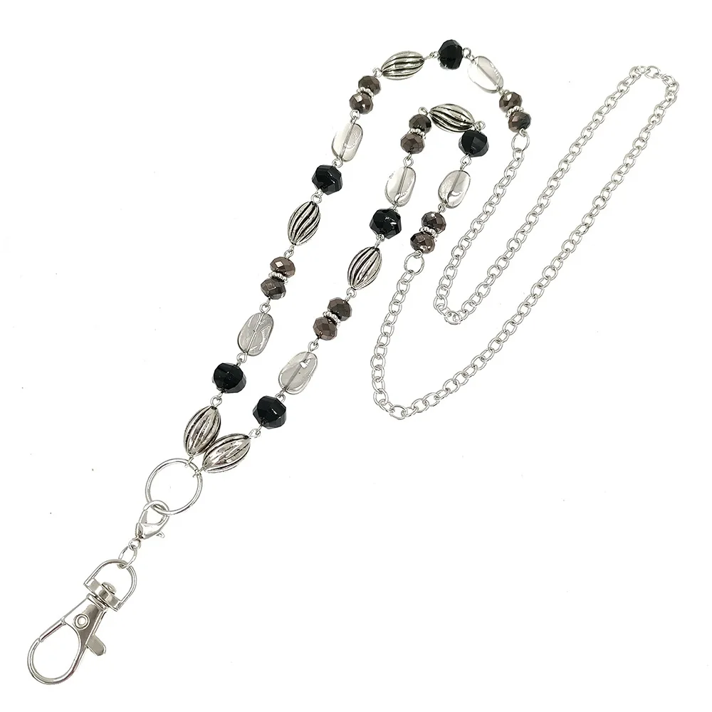 Black Glass Beads Badge Lanyard Chain Necklace ID Holder Badge Clip Necklace for Women Teachers Keychain Holder Keyholder