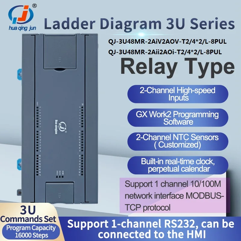 Chingjun 24IO Relay Output PLC LAN RS485 232 2AI 2AO Pulse Outputs Ladder Diagram Modbus 48MR PLC for Stepper Motors