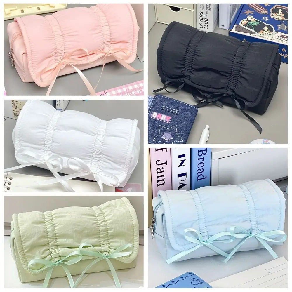 

New Solid Color Pencil Case Bow Drawstring Multi-functional Stationery Storage Bag Large Capacity Stationery Organizer Gift