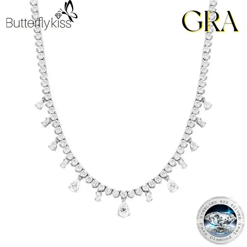 Butterflykiss Full Moissanite Tennis Pendant Chain S925 Silver For Women Round/Pear/Oval Cut Diamond Chain Necklace Fine Jewelry