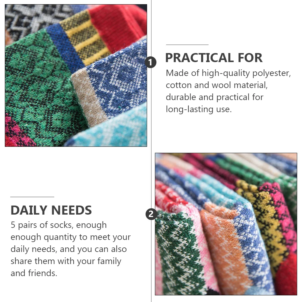 

5 Pairs Women Wool Socks Warm Winter Vintage National Style Crew Mid Calf Length Cotton Polyester Soft Breathable Durable