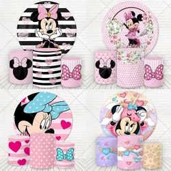 Pink Minnie Mouse Round Backdrop Cover for Kids Birthday Baby Shower Circle Background Photography Pedestal Cylinder Table Cover