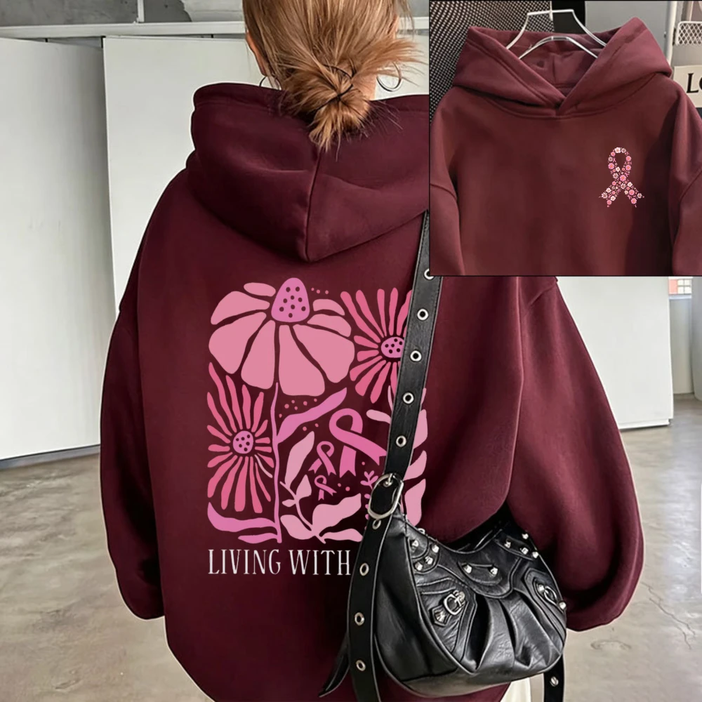Women Living with Pink Floral Pink Ribbon Hoodie Oversized Casual Pullover Hooded Sweatshirt Breast Cancer Awareness Support Top