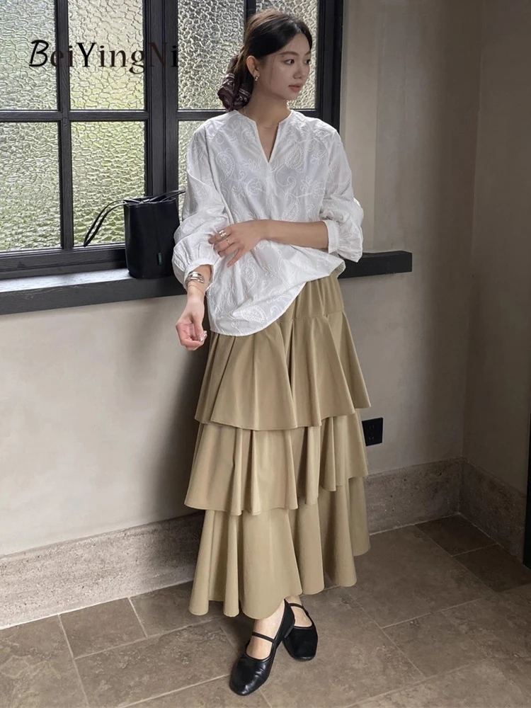 Beiyingni 2025 Nowa Koreańska Spódnica Damska w Jednolitym Kolorze Francuski Vintage Elegancka Długa Spódnica Tortowa Damska Codzienna Szykowna Spódnica w Kształcie Litery A Faldas