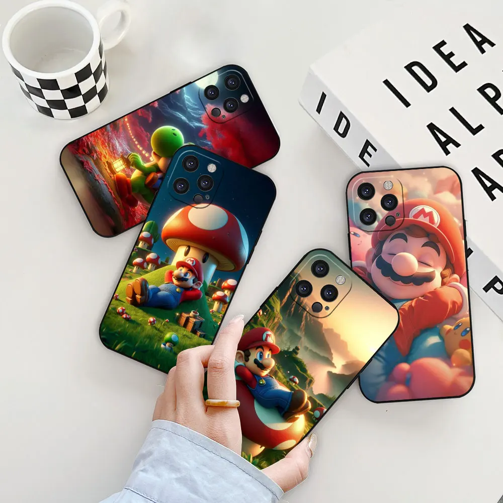 Cartoon Super M-Mario Bros Phone Case For iPhone 16 15 14 13 12 11 Pro Max Plus Mini Funda Apple 16 ProMax Black Silicone Cover