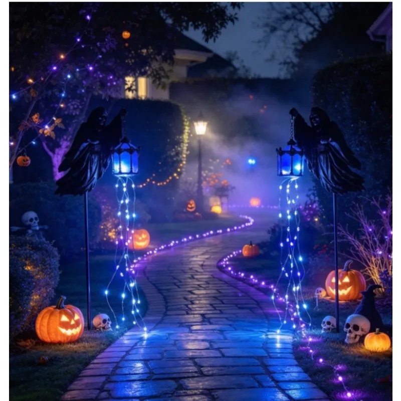 Halloween Soul Harvester Animated Garden Stake Light, Grim Reaper Lantern Resin Glowing Ghost Yard Stake Decoration Ornament