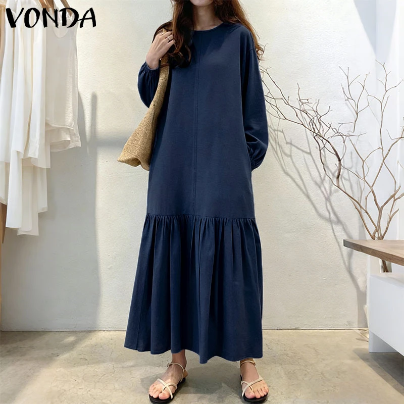 

VONDA Autumn Women Ruffled Maxi Dress Long Sleeve Casual Long Shirt Vestidos Fashion Solid Streetwear Party Robe Plus Size 5XL